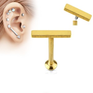 Zlatý piercing do brady - labreta 1,2 x 6 mm, obdélník 2 x 9 mm