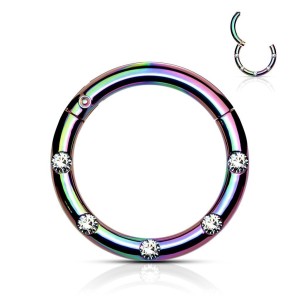 Duhový piercing kruh segment, čiré kameny, 1,2 x 8 mm