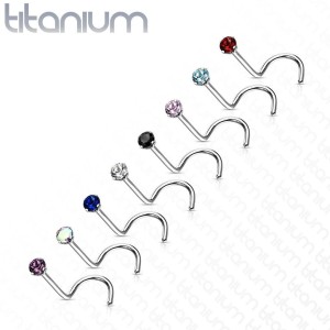 Zahnutý piercing do nosu - titan, kamínek 2 mm