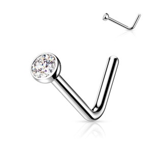 Zahnutý piercing do nosu - titan, 2,5mm čirý kamínek