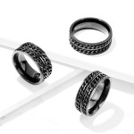Pánský černý ocelový prsten s řetízky (57)