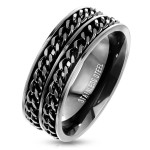 Pánský černý ocelový prsten s řetízky (57)